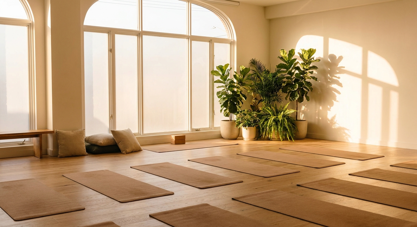 Yoga-Studio mit großen Fenstern